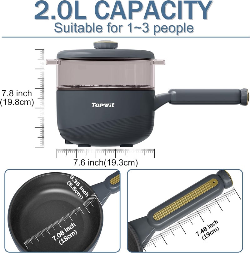 TopWit Hot Pot Electric with Steamer, 2L Multifunctional Electric Cooker, Non-Stick Sauté Pan, Portable Pot for Steak, Fried Rice, Ramen, Soup with Dual Power Control (Spatula Not Included), Grey - Image 3